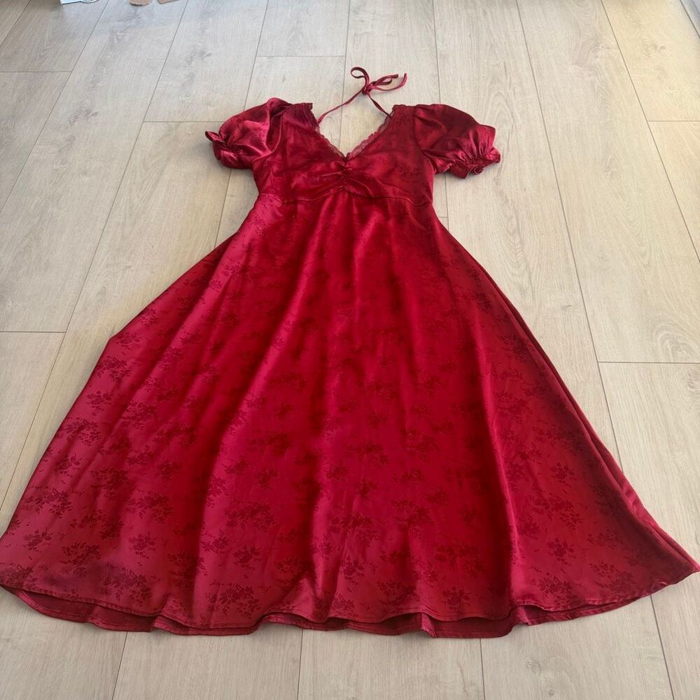 Red Satin Floral A-Line Midi Dress - Elegant V-Neck
